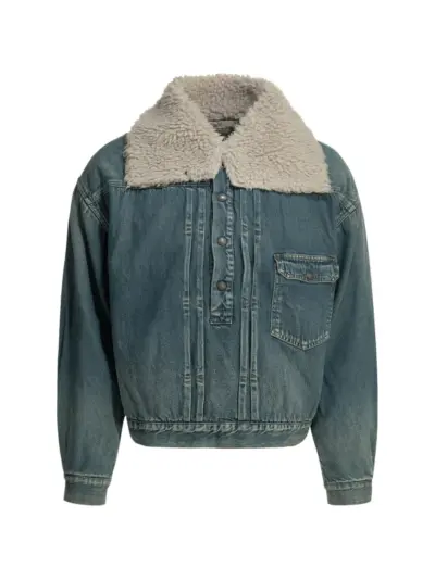 KAPITAL fleece-collar pleated denim jacket - Blue