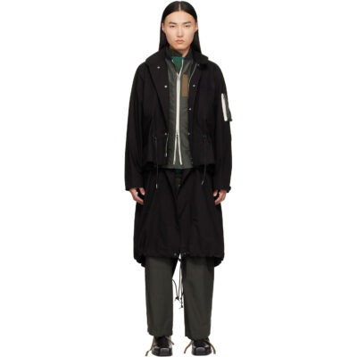 sacai Black Nylon Twill x Ripstop Coat