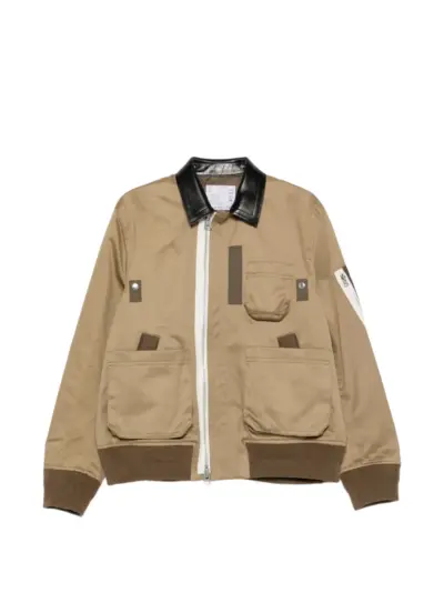 sacai leather-collar panelled jacket - Neutrals