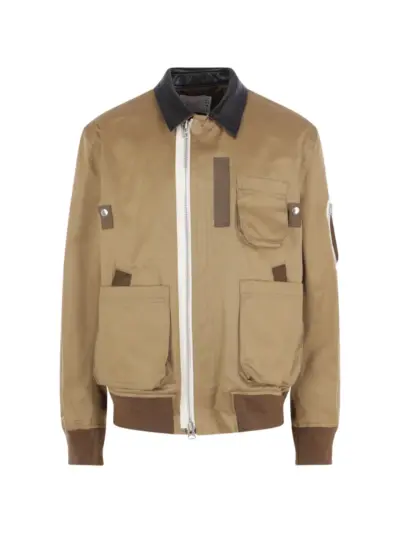 sacai leather-collar zip-up jacket - Neutrals