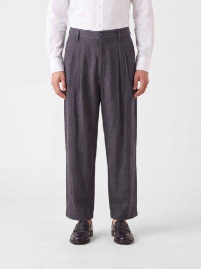 ZIGGY CHEN Wide-Leg Pure Linen Trousers with Button and Zip Fly