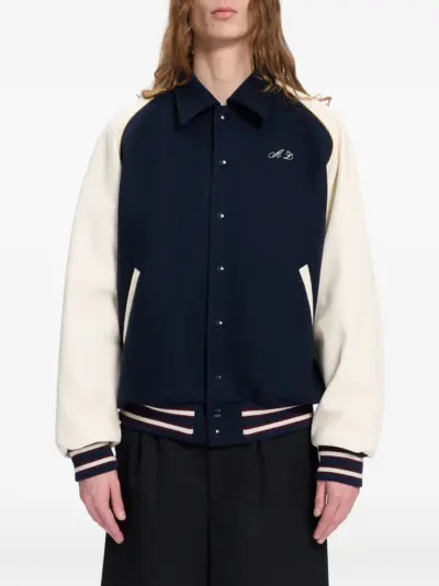 Ann Demeulemeester embroidered-logo panelled bomber jacket - Blue