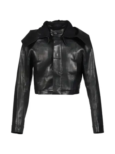 DET BLEV SENT cropped hooded leather jacket - Black