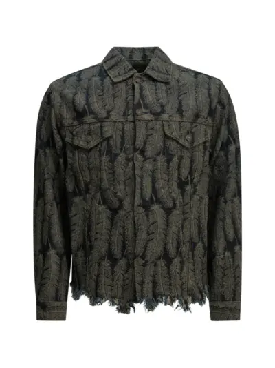 KAPITAL feather-print frayed-hem denim jacket - Blue