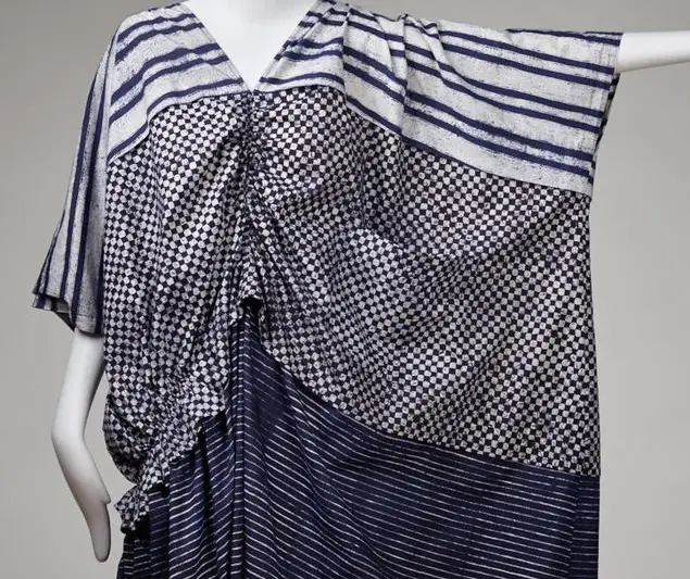 Issey Miyake Summer 1984 indigo batik pleated dress with geometric draping and volumetric construction