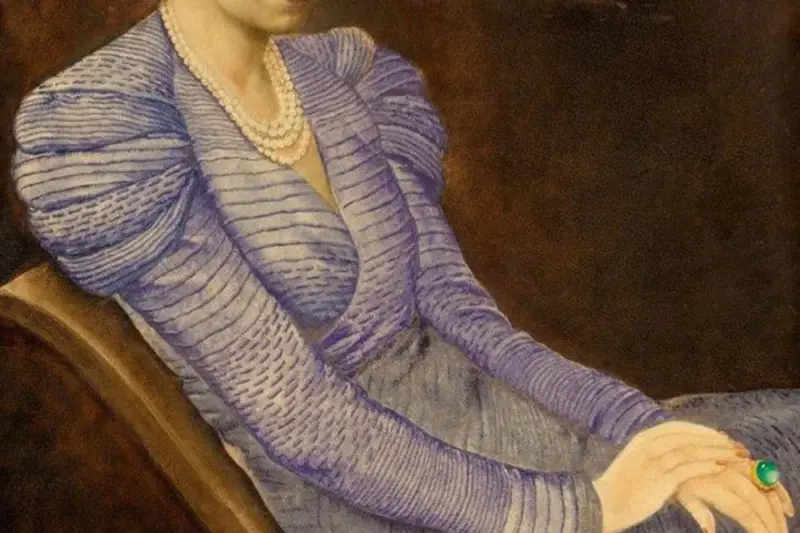Jean Dunand painted lacquer portrait of couturière Elsa Schiaparelli wearing the sculptural architectural No. 102 evening gown in 1933