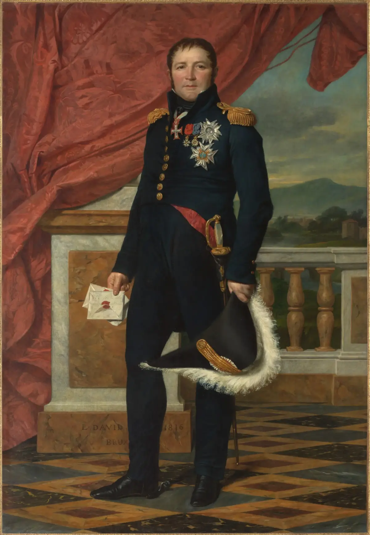 General Étienne-Maurice Gérard wearing a dark blue French military uniform in an 1816 portrait by Jacques-Louis David