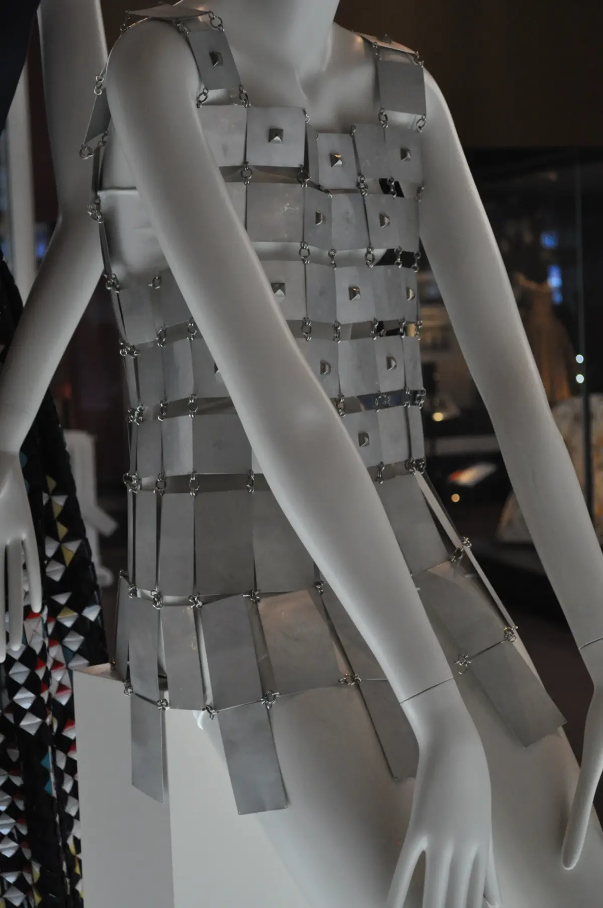 Paco Rabanne 1967 sleeveless tunic constructed from chain-linked rectangular aluminum plates and wire at the National Museum of Scotland