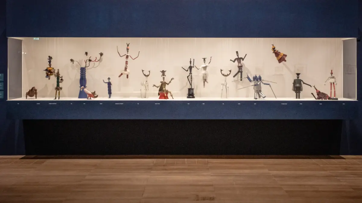 Geometric turned wood marionettes designed by Sophie Taeuber-Arp for King Stag in 1918