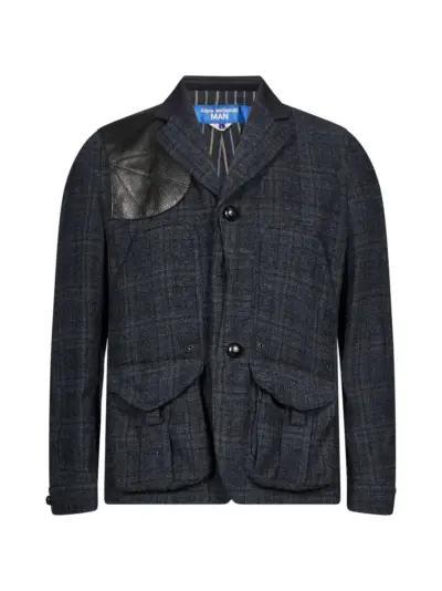 Junya Watanabe MAN check leather-patch blazer - Blue