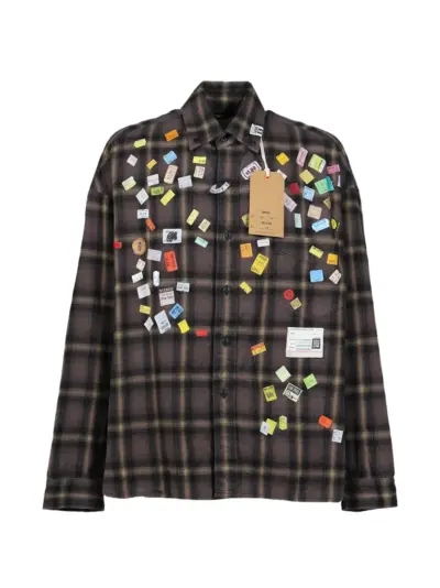 Maison MIHARA YASUHIRO price sticker printed check shirt - Brown