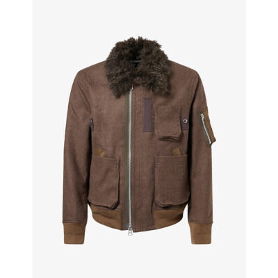 Sacai Mens Sacai Melton Collared Wool Bomber Jacket