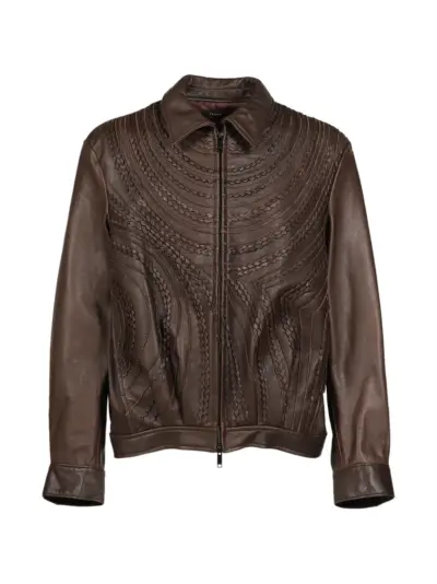 Taakk zip-up embroidered leather jacket - Brown