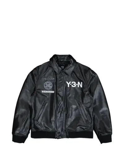 Y-3 logo leather bomber jacket - Black