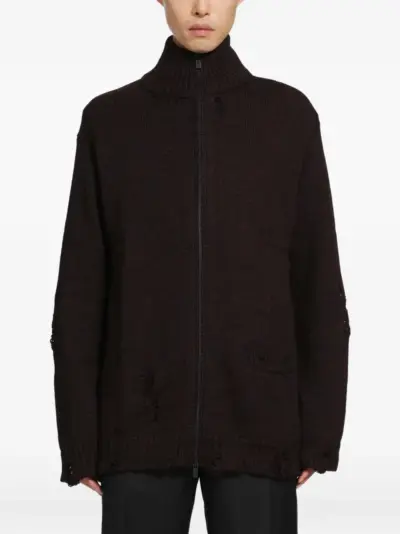 Yohji Yamamoto 5G 3PLY distressed high-neck cardigan - Red