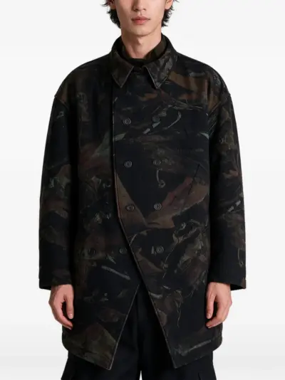 Yohji Yamamoto abstract-pattern double-breasted coat - Black