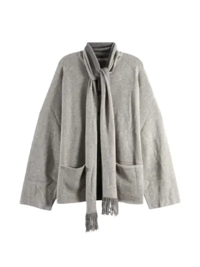 Ziggy Chen fringed-scarf wool cardigan - Grey