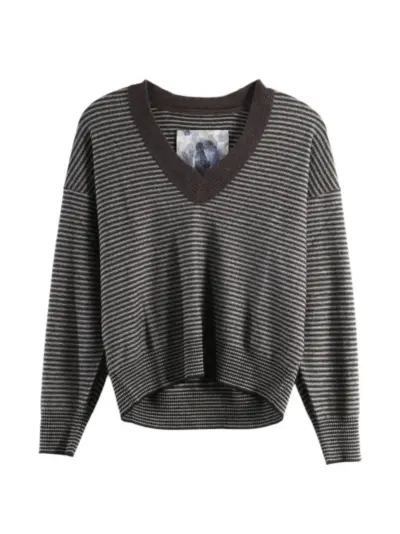 Ziggy Chen horizontal-stripe V-neck sweater - Brown