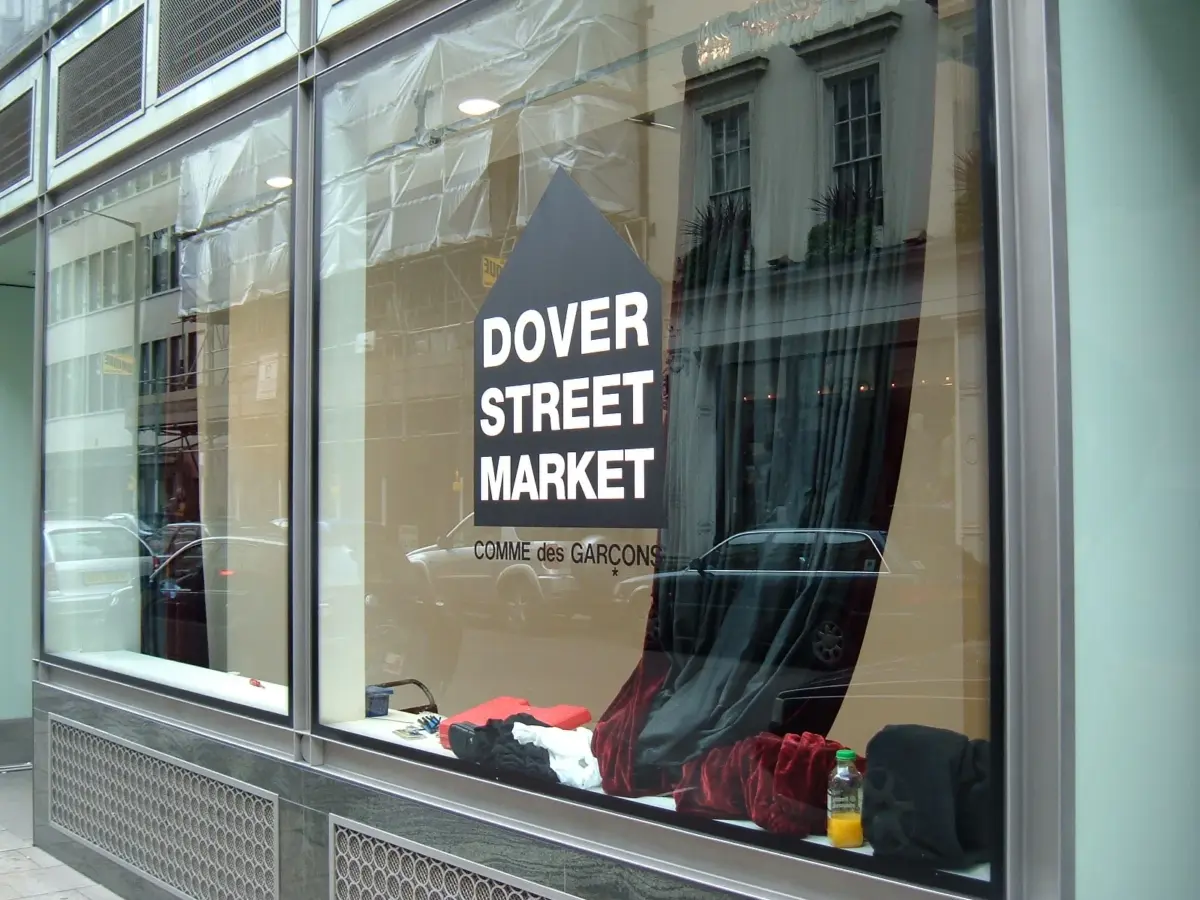 Exterior street view of the original Dover Street Market building in Mayfair London founded by Rei Kawakubo